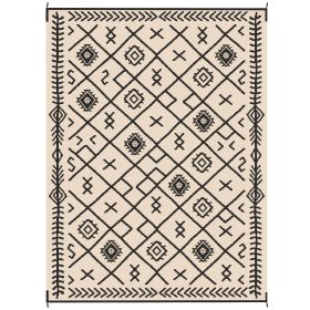 Reversible Outdoor Rug, Waterproof Plastic Straw with Carry Bag, 9' x 12', Black & Beige Rhombus