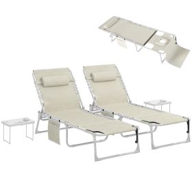 Tanning Chair Set of 2 with Face Hole and Side Table, 5-Position Folding Outdoor Chaise Lounge Chair, Beige (Option: Beige-780x280x650 mm)